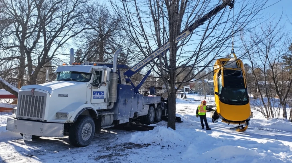 MTRG rotator lifting a yellow car during a winter recovery