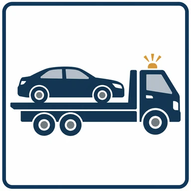 Car on a flatbed truck with amber beacon